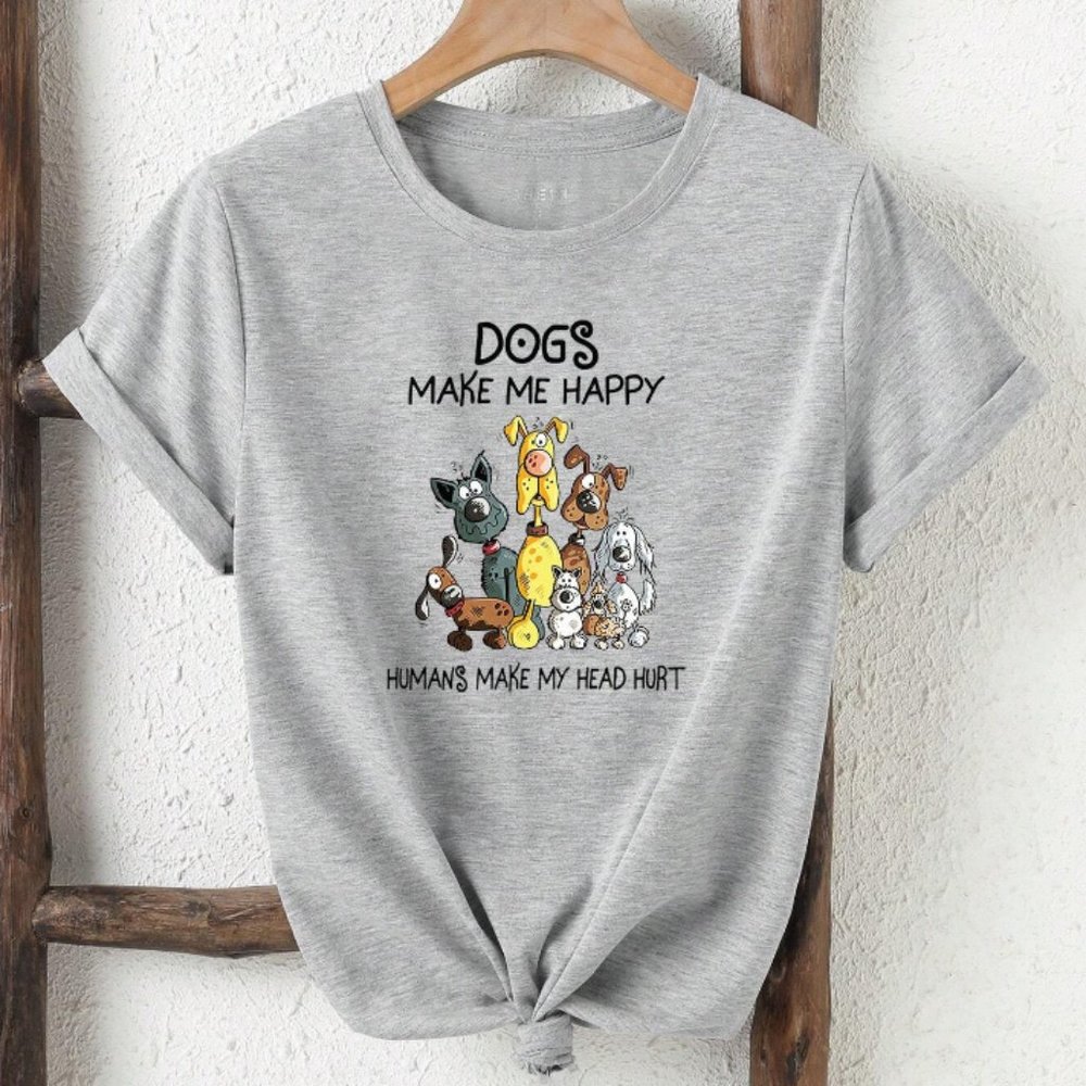 Cartoon And Slogan Dogs Graphic Tee - M